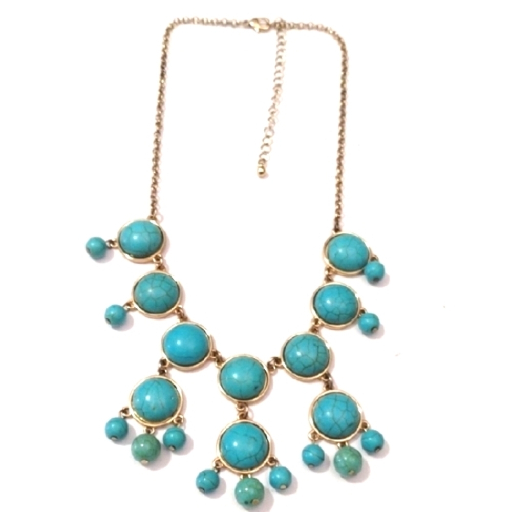 FAUX TURQUOISE LARGE ROUND BEADED GOLD-TONE CHOKER COLLAR BIB 17 - 20" NECKLACE